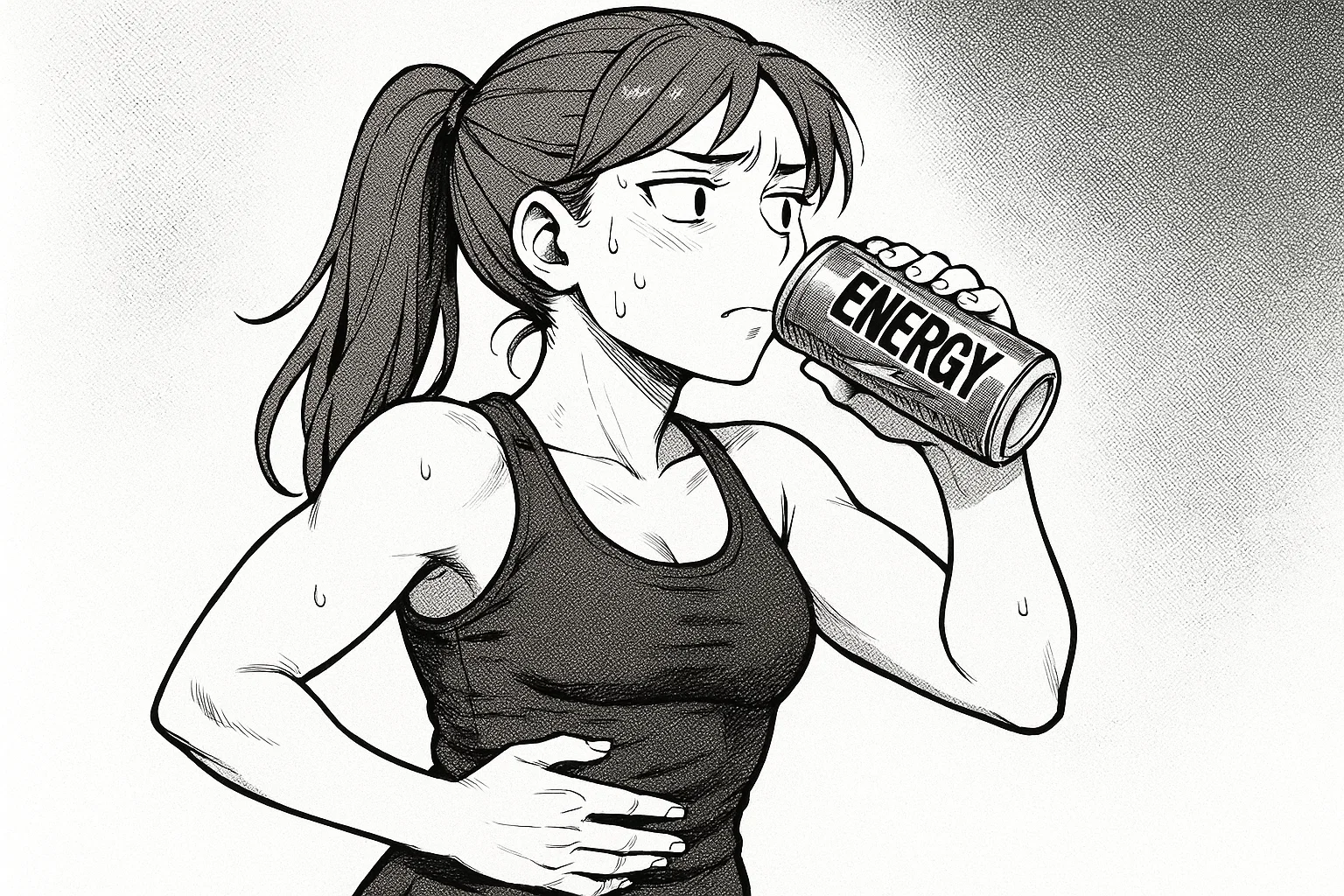 Wirkung von Koffein im Zyklus: Sportliche Frau trinkt einen Energy Drink und zeigt erste Anzeichen der Wirkung von Koffein auf den Zyklus, wie innere Unruhe und leichte Nervosität.